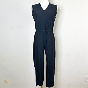 Eileen Fisher Petite XS Black Sleeveless‎ V-Neck Crepe Knit Jumpsuit Size PP